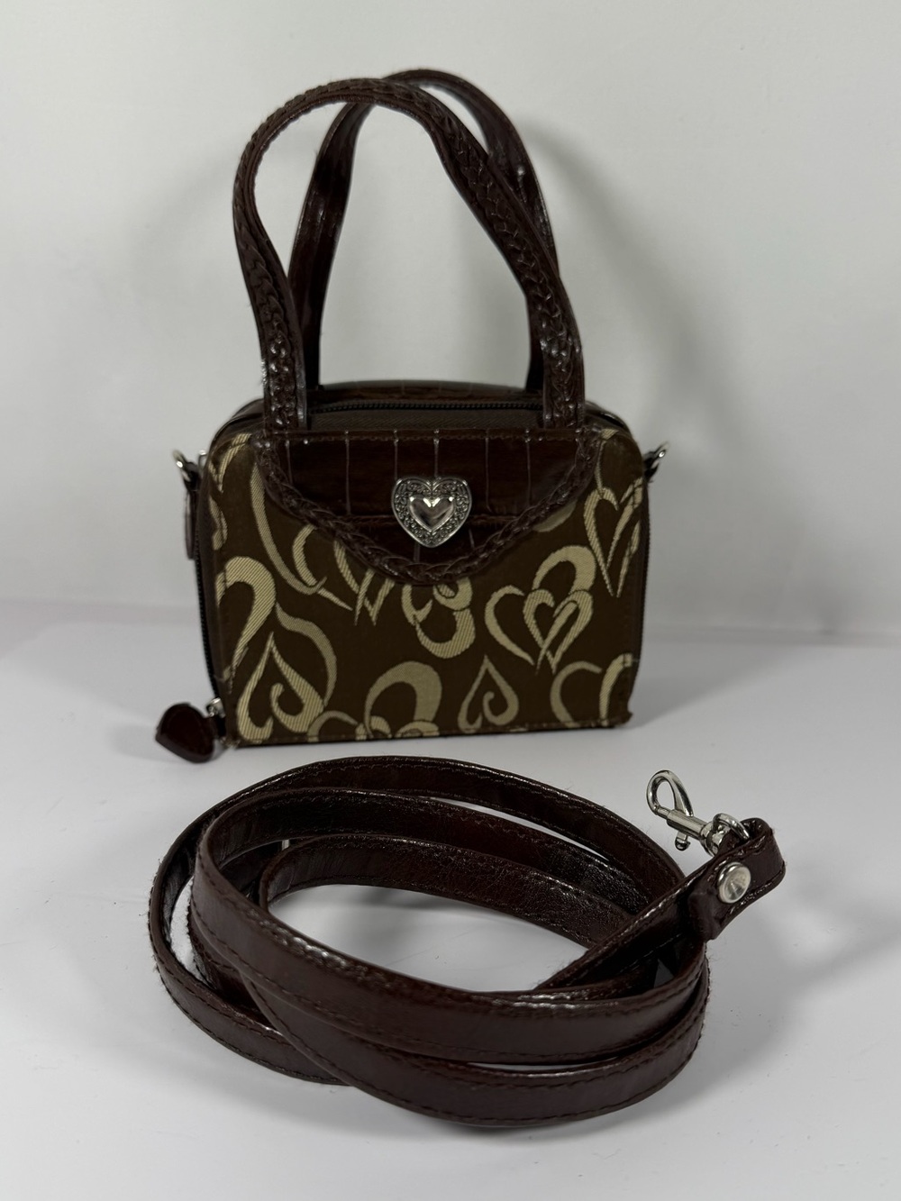 4290: Brighton Brown Heart Print Convertible Organizer Crossbody Handbag